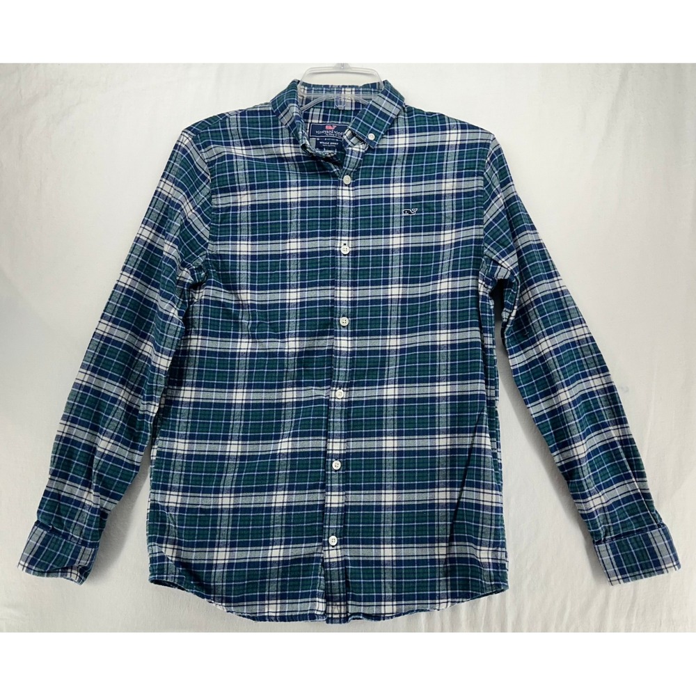 Vineyard Vines Boys Whale Shirt Green Blue Plaid Flannel Button Down Size L 16